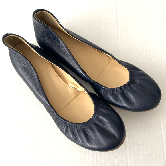 J Crew Cece Flat Ballet Navy Blue Leather Round Toe Slip On Italy 7.5 - Picture 2 of 8